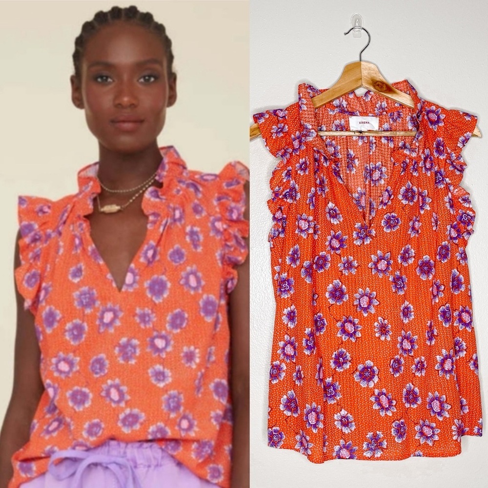 Xirena | Bex Floral Print Sleeveless Ruffled Blouse in Poppy, medium